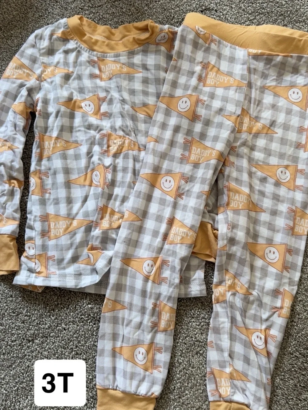 Kids Long Sleeve Pajama Set in Mustard Plaid Smiley Pennant